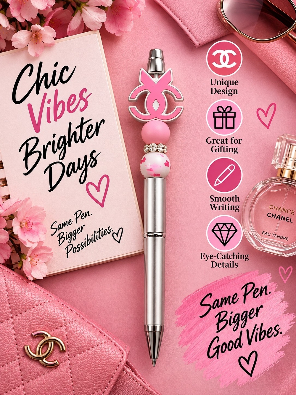 Handmade CHANEL Pink Logo Charm Ballpoint Pen!!